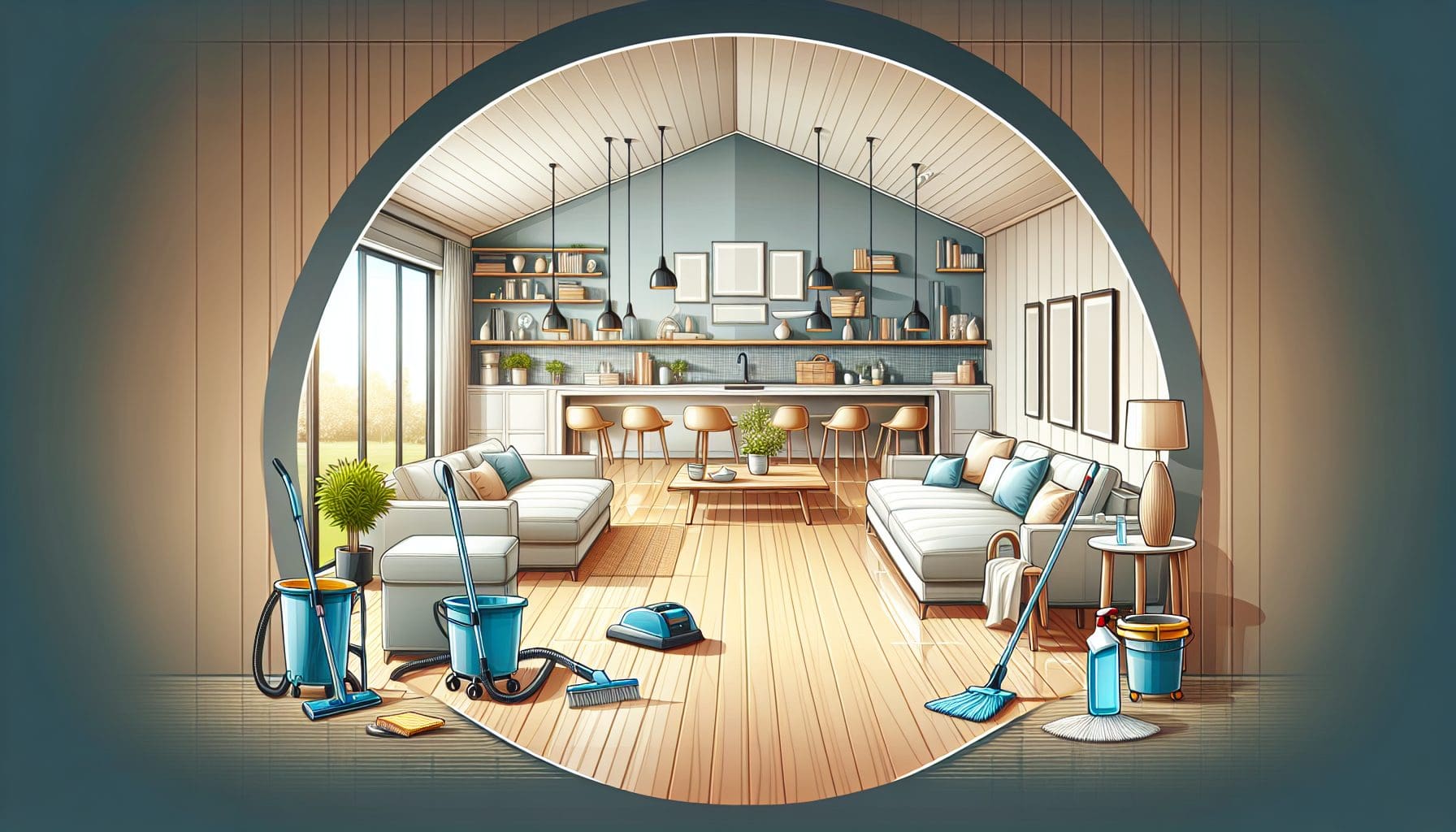 A room with a circular arch and a living room with a couch and mops and a kitchen