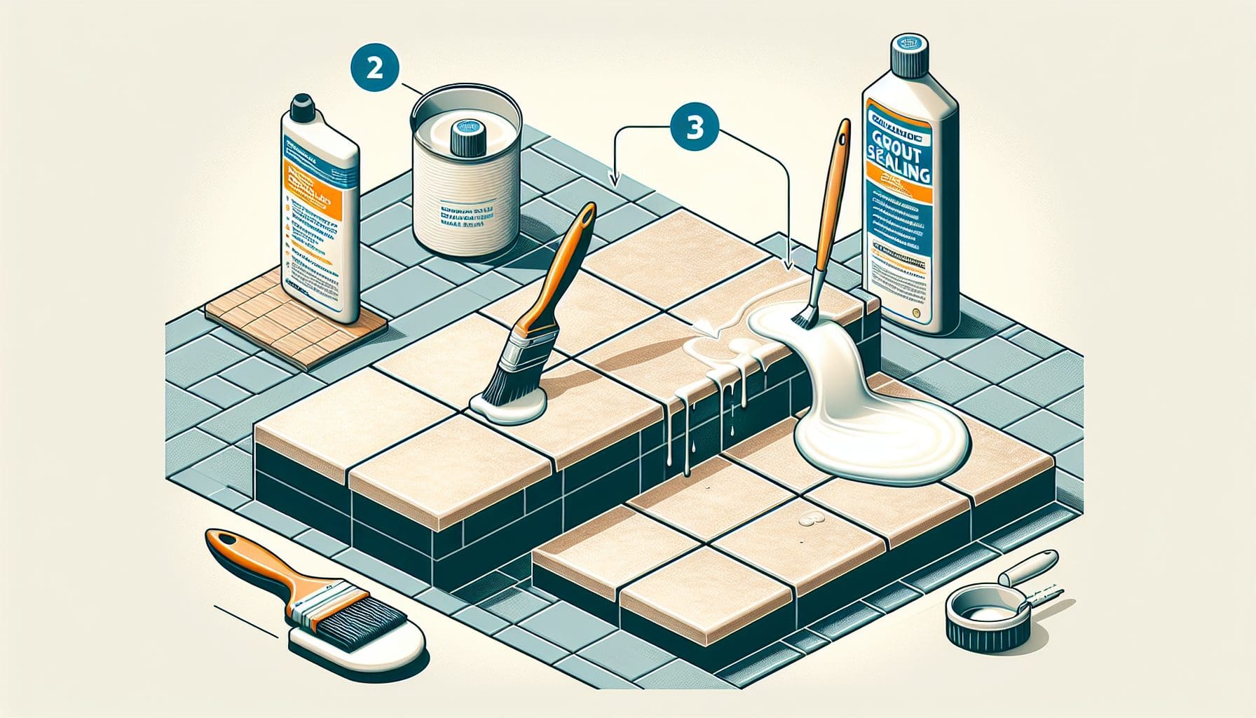 A graphic of a tile floor with a paintbrush and a paint brush